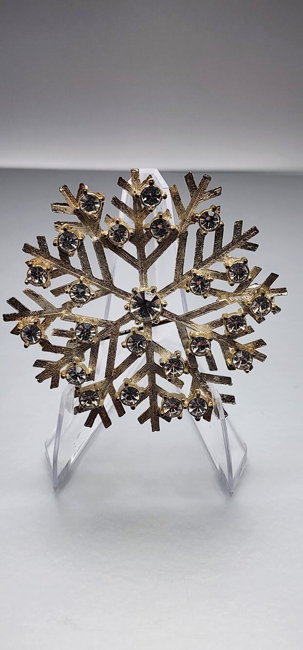 Vintage 1980s Rhinestone Snowflake Brooch Silver Gold Tone Christmas Pin